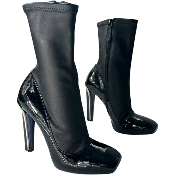 Alexander McQueen Shoes - Alexander Mcqueen Boot Stretch Leather Black Patent Midcalf Booties Boots 37